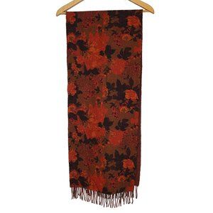 Longchamp Women Red Floral Wool/Cashmere Scarf One Size Fringe Trim